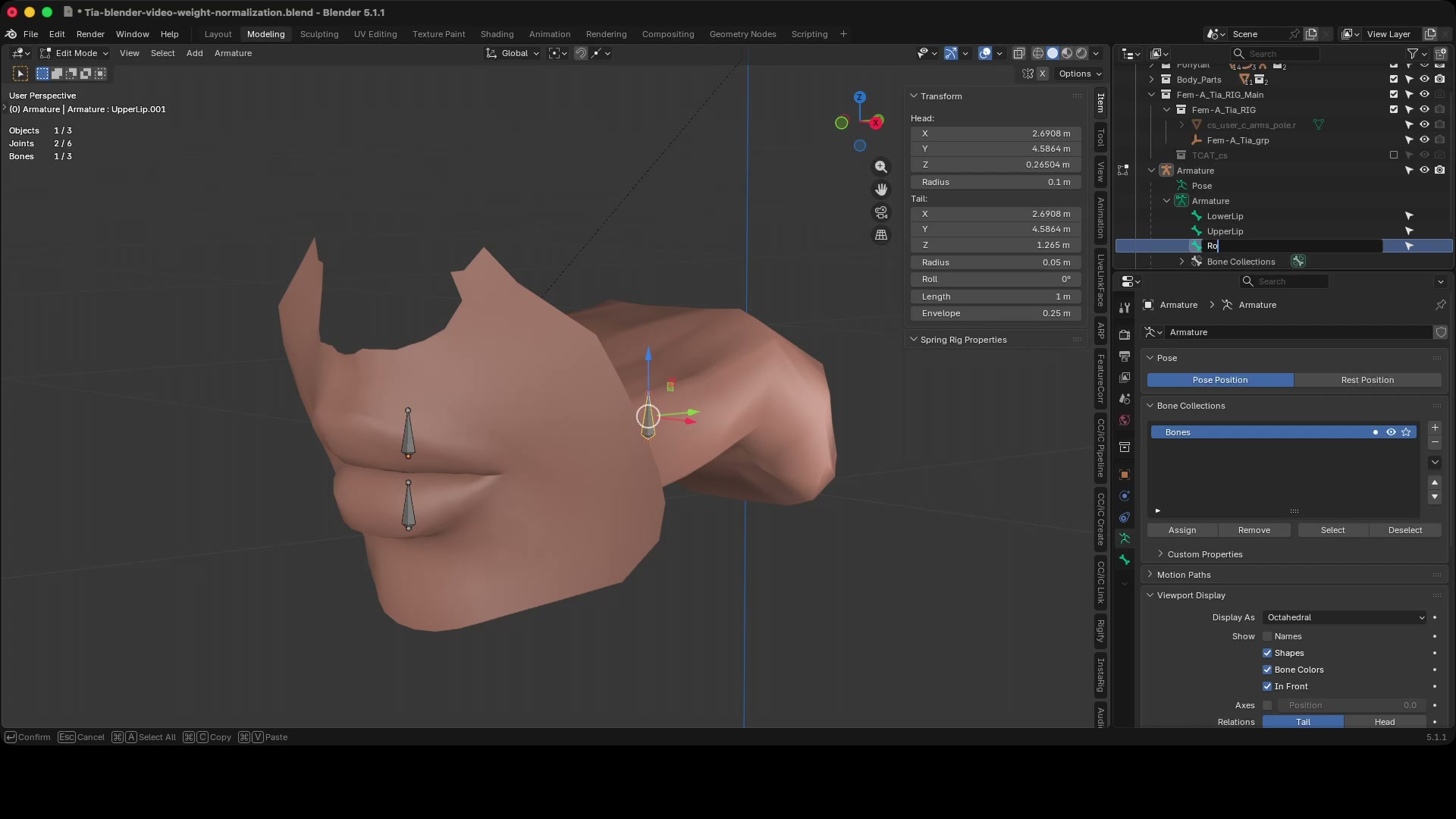 Outliner showing three bones: LowerLip, UpperLip and the newly added Root
